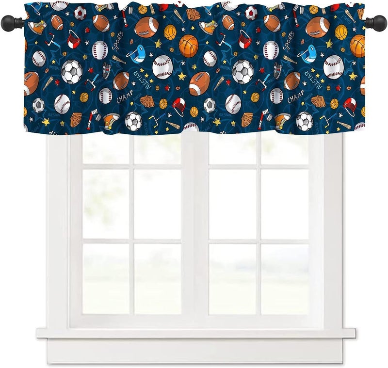 YSWOW Kids Basketball Valance Curtain for Boys Nursery Playroom Room Decor Baseball Football Ball Sports Themed Art Printed Window Drapes W54xL18in Fabric 1 Panel - Image 1